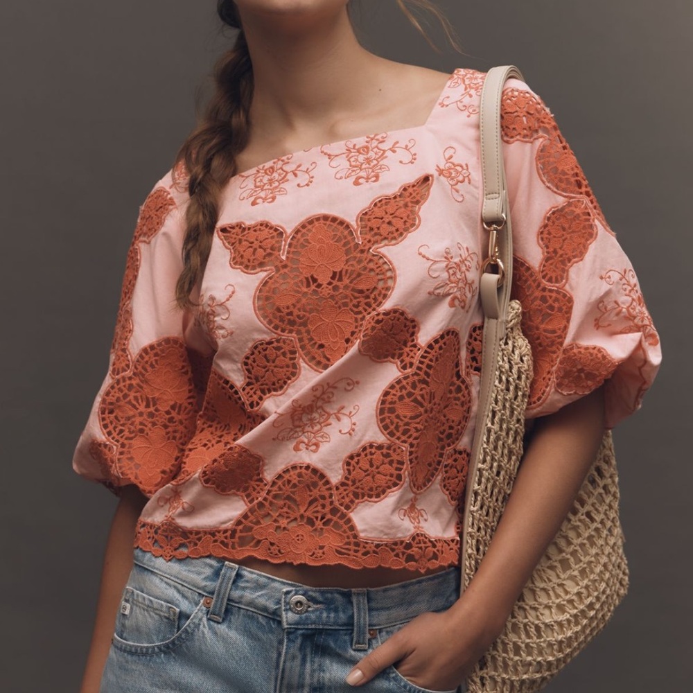 Anthropologie Cotton Puff-Sleeved Cutwork Blouse